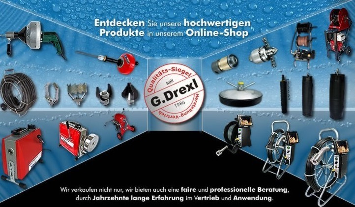 Firma G. Drexl bietet als Hersteller Kanalkamera, Rohrkamera, Dichtkissen, Rohrreinigungsmaschinen, Rohrreinigungsgeräte zu spitzen Preisen an. 